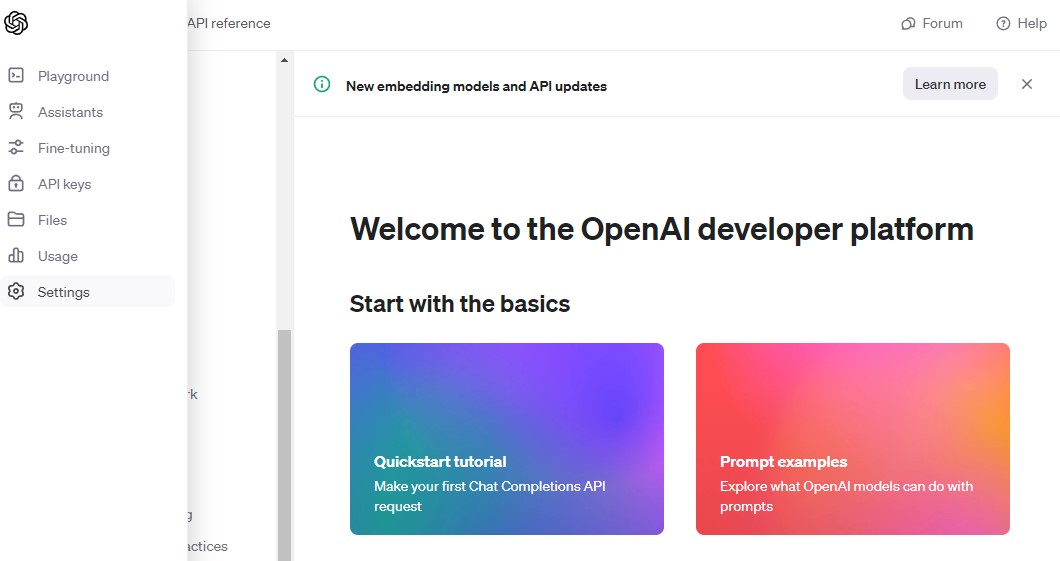 openAI API Top page